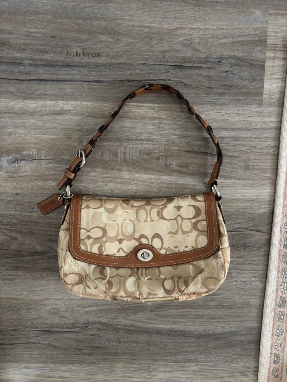 Vintage 2007 Coach Signature Canvas Shoulder Bag in Beige with Brown Trim